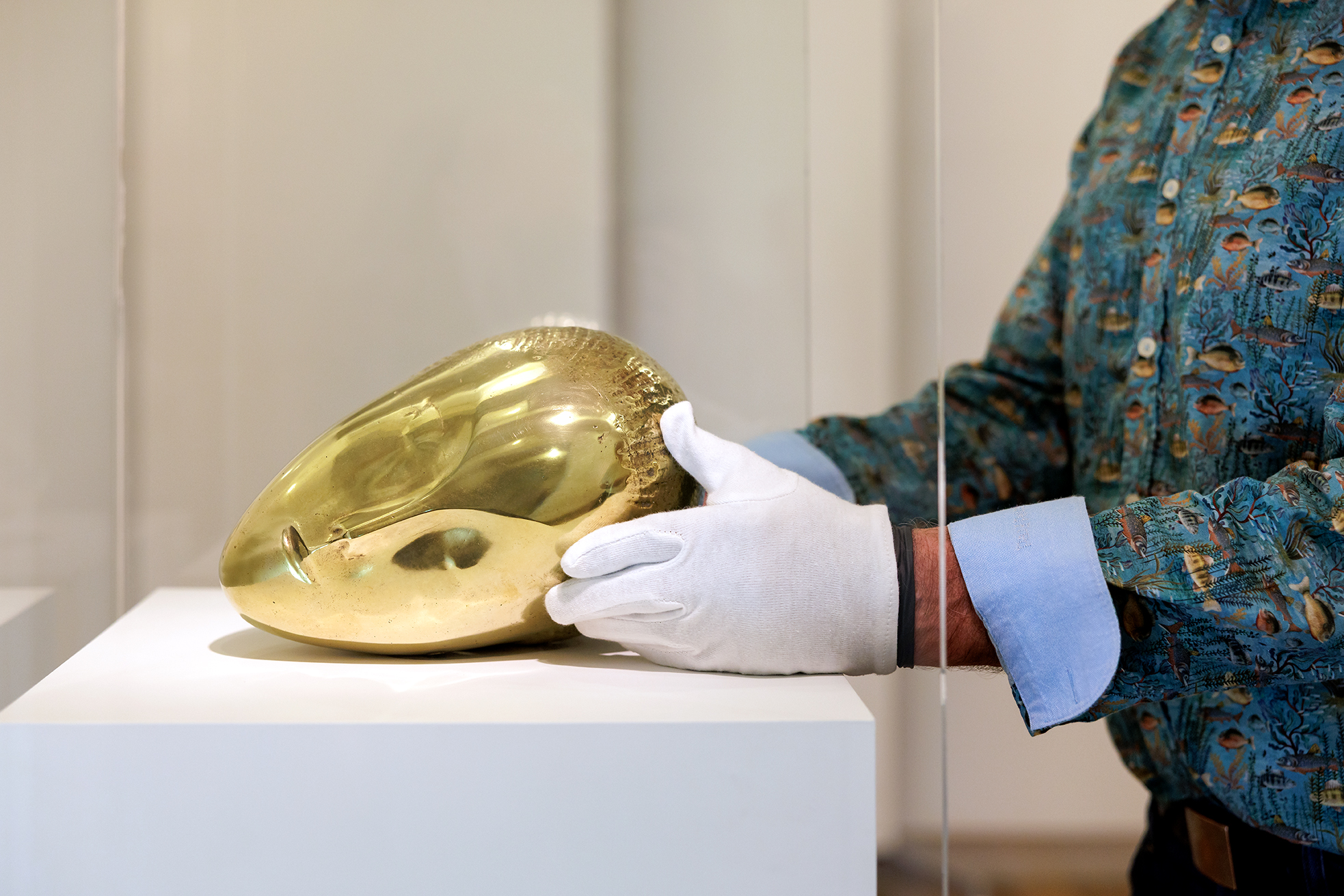 Twee handen met witte handschoenen aan installeren 