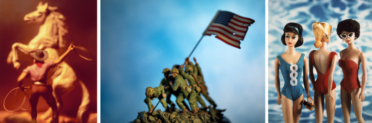 David Levinthal, Untitled, from the series Wild West, 1988, Dallas 1963, from the series History, 2013. Untitled, from the series Barbie, 1997-98. Courtesy of the David Levinthal Studio.