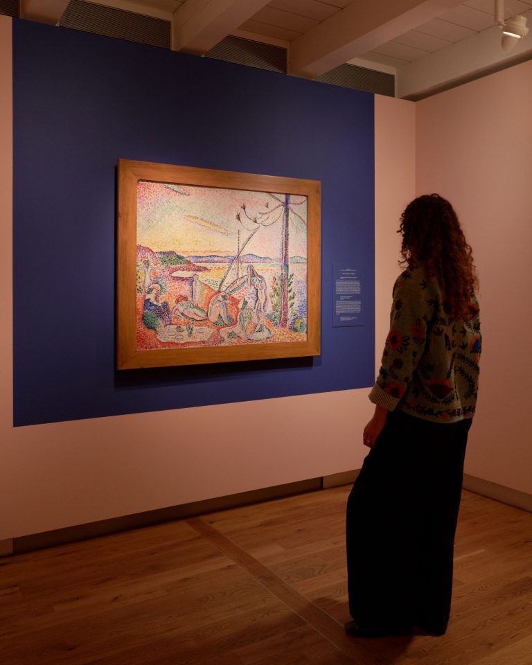 Bezoeker in de tentoonstelling Chez Matisse - Masterpieces from Centre Pompidou kijkt naar het werk 'Weelde, rust en genot' van Henri Matisse